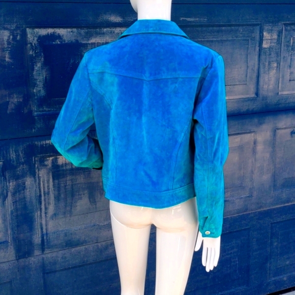 Yvonne Marie Womens Jacket Turquoise Leather Suede Rhinestone Buttons Lined